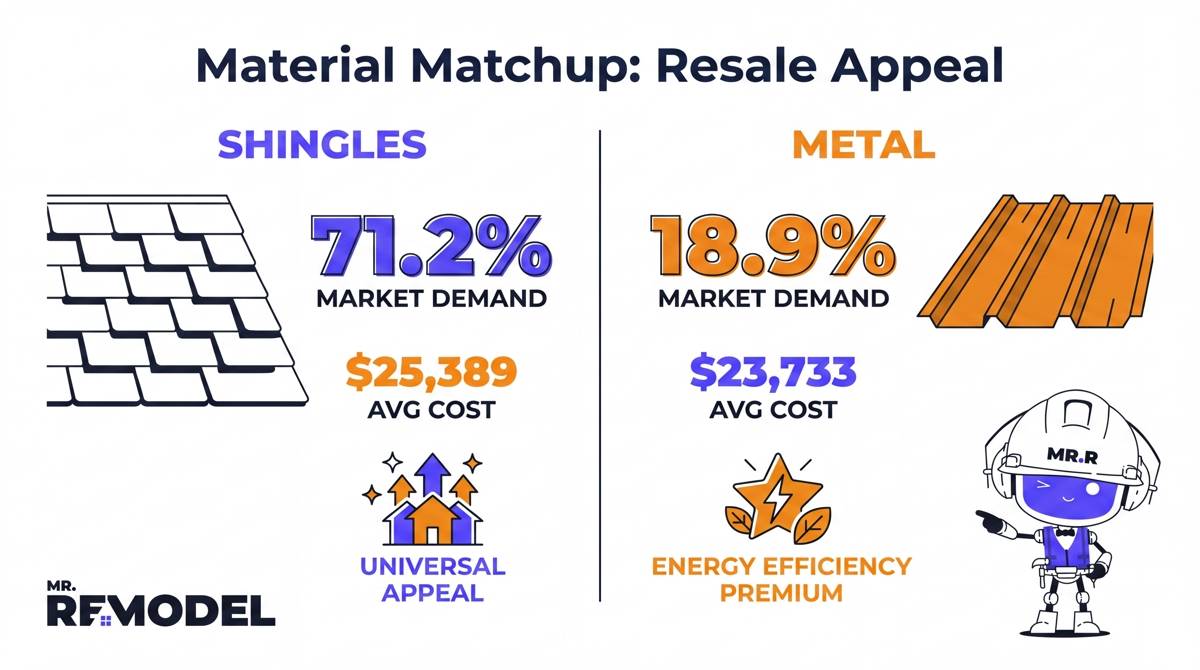 A comparative visual infographic contrasting the market demand and resale benefits of standard asphalt shingles against modern metal roofing in 2026.